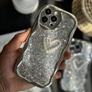 قاب موبایل آیفون پولکی نقره ای قلب مروارید برجسته